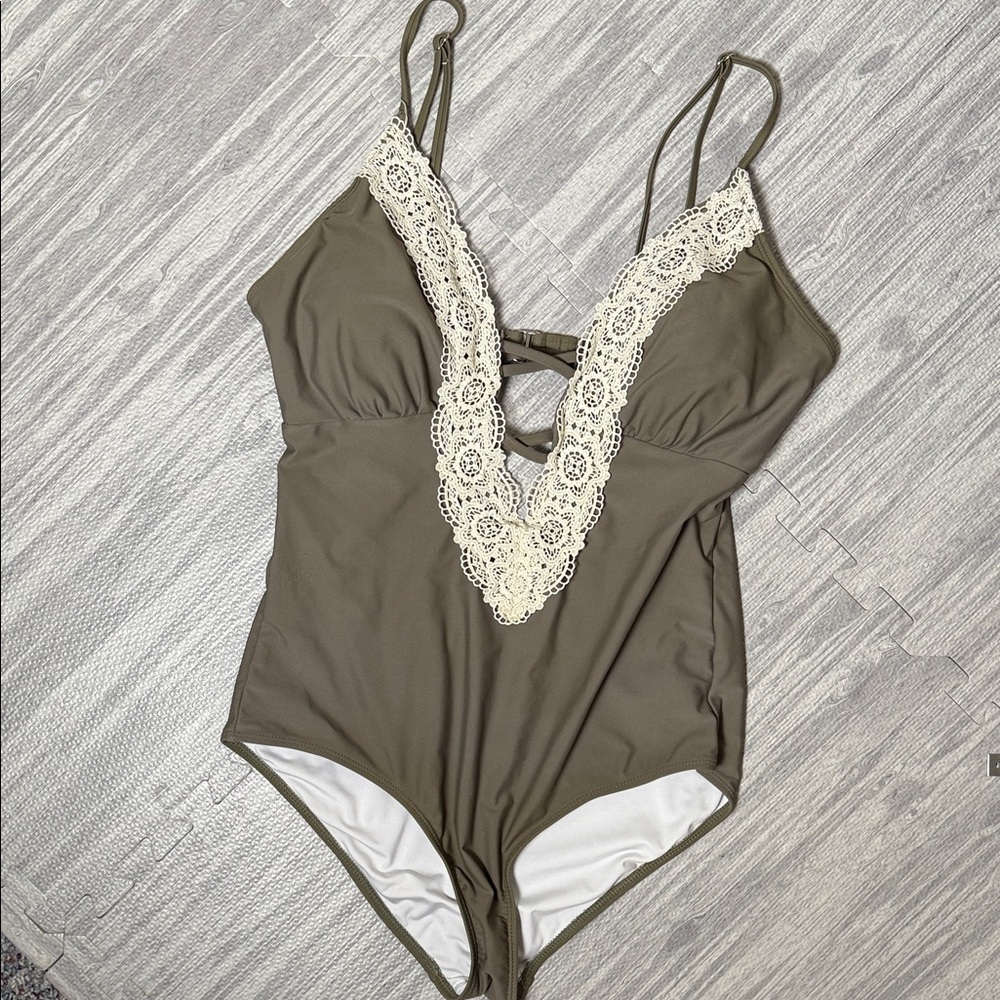 FunnyGirl Lace Trim Olive Green One Piece Swimsuit Size Large